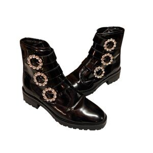 Nanette Lepore Iggy Black Patent Leather Embellished Combat Boots